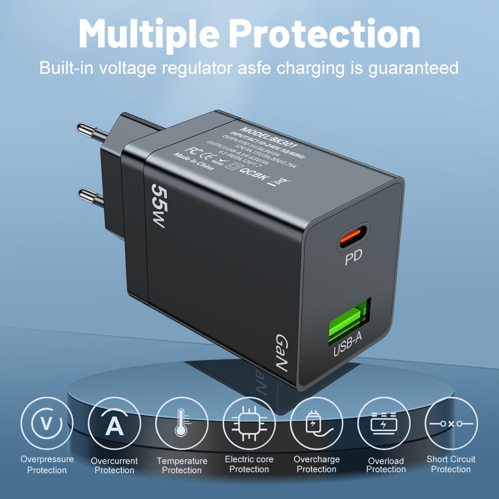 55 Вт GaN USB Type C Зарядное устройство PD QC 3.0 Быстрая зарядка для Macbook Ноутбука IPAD Планшета IPhone 15 14 Samsung S23 Ultra Huawei Xiaomi