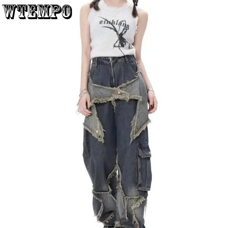WTEMPO Винтажные женские джинсы с высокой талией, уличная одежда, рваные женские широкие брюки, повседневные прямые джинсовые брюки в американском стиле с кисточками