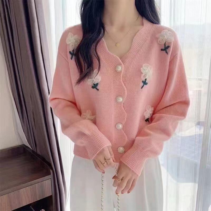 Casual V-neck Long Sleeve Knitted Cardigan Sweater Women Spring and Autumn Nail Beads Lazy Style 3D Flower Cardigan Coat Top