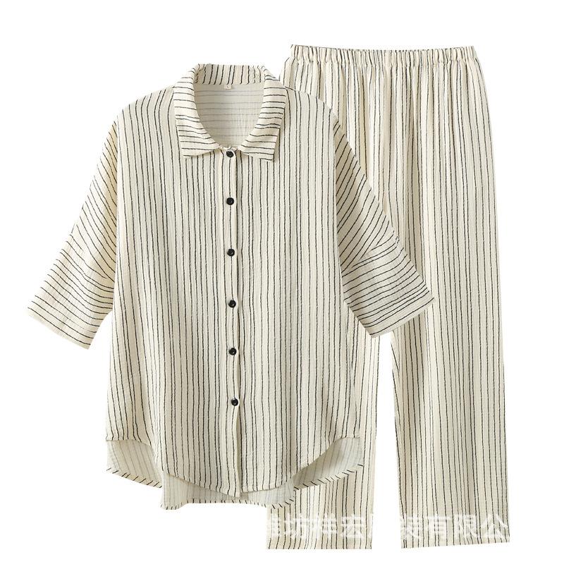 New fashion striped printed shirt loose casual versatile pure cotton pajamas set pure cotton comfortable pajamas