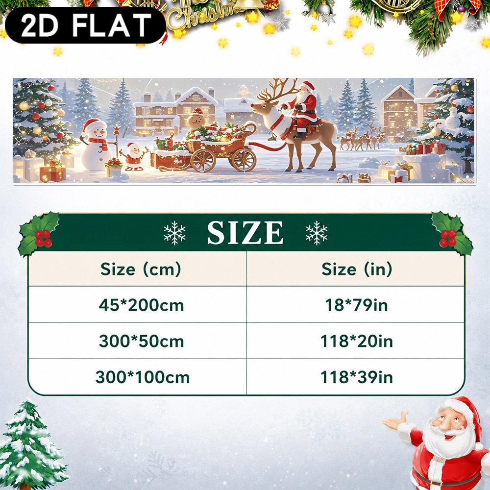 Merry Christmas Long Strip Fence Banner, Santa Snowman Reindeer Gingerbread Tree Ice Snow Village Gift Cart Design, Polyester Outdoor Decoration