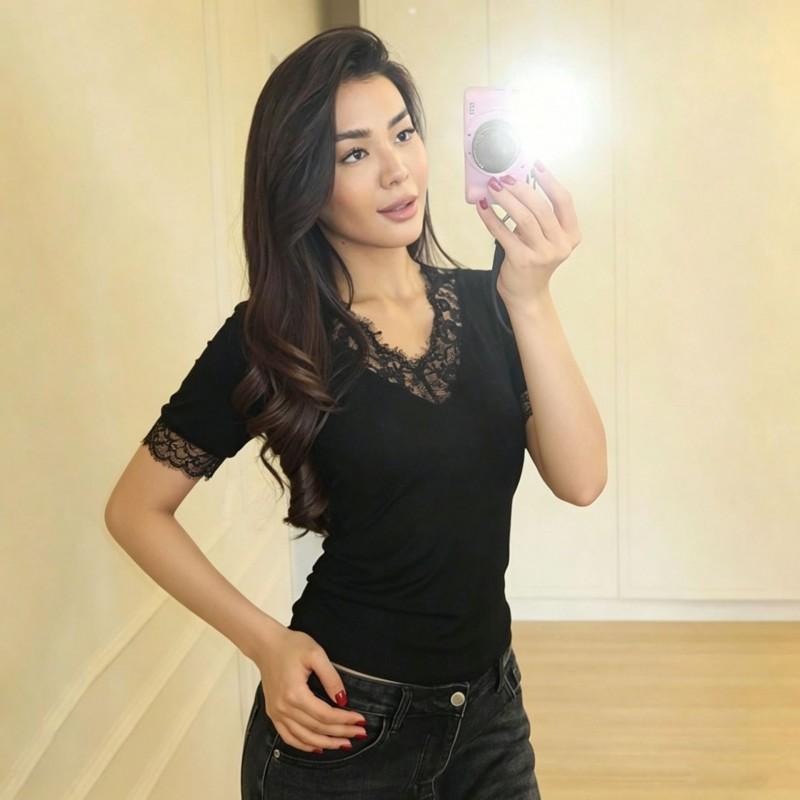 Womens Slim Fit V-Neck T-Shirt Solid Color Lace Trim Short Sleeve Top 2026