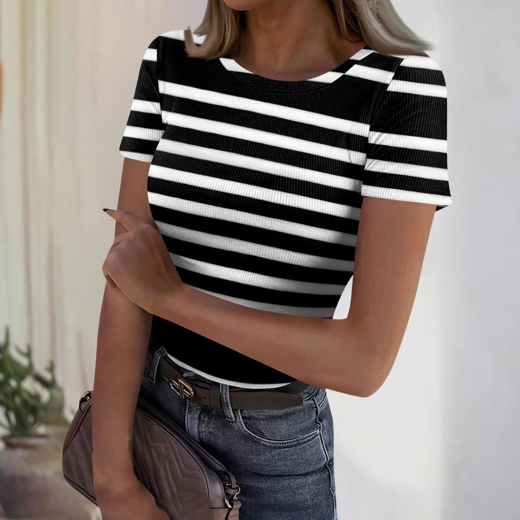 Women's Casual Fashion Round Neck Striped Print Short Sleeve Ribbed Top