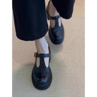 Модель из коровьей кожи~ туфли Мэри Джейн на толстой подошве женские черные кожаные туфли высокий каблук толстый каблук ретро увеличивающие рост маленькие кожаные туфли