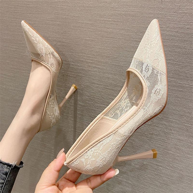 9 сексуальных кружевных темпераментных туфель на высоком каблуке с острым носком на тонком каблуке, женские туфли на ультравысоком каблуке