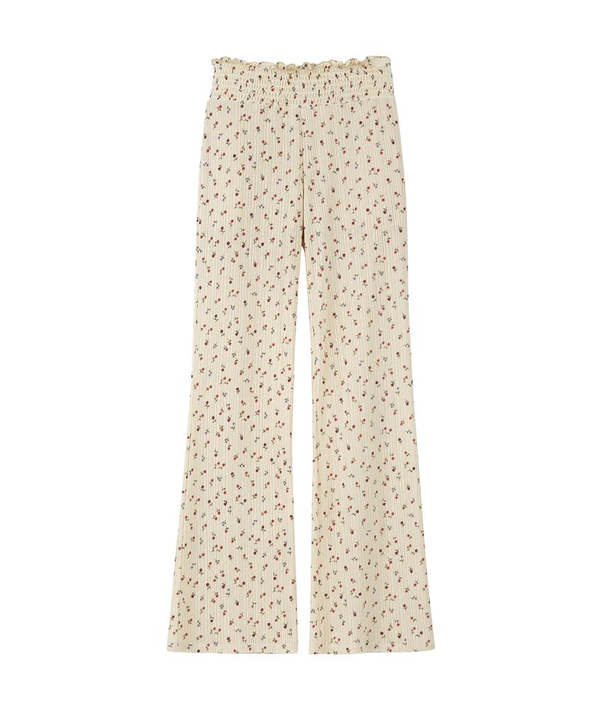 LOTSYOU Lotsyou_Shirring Boot Cut Pants Flower Beige