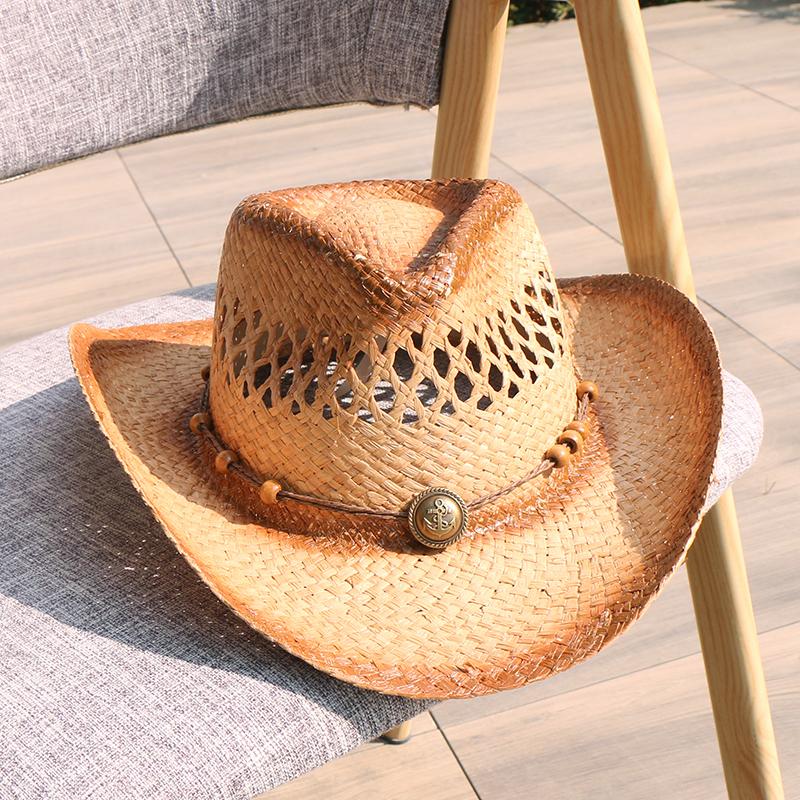 Hot-selling hollow Lafite straw weaving western cowboy hat summer sun protection sunshade big eaves breathable grass