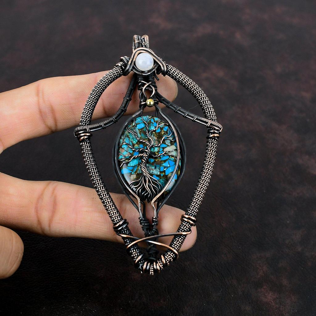 Tree Of Life Copper Chrysocolla Pendant Copper Wire Wrapped Rainbow Moonstone Pendant Gemstone Copper Jewelry For Gift Handmade Boho Pendant