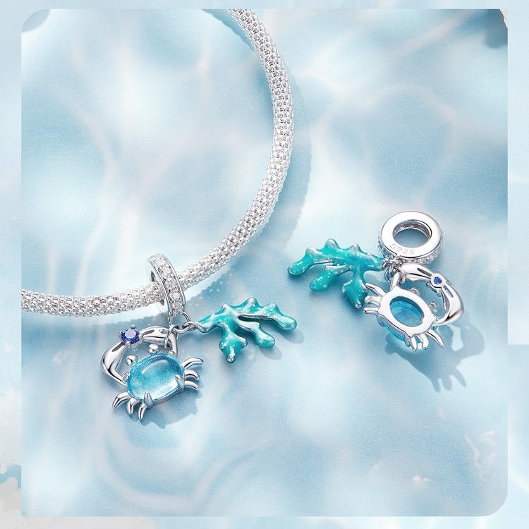 Браслет-шарм из стерлингового серебра 925 пробы Everle с подвесками в виде морских существ: подводной лодки, черепахи и краба
