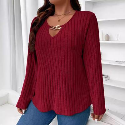 Женская мода больших размеров повседневная осень-зима однотонный принт длинный рукав V-образный вырез пуловеры и длинные рукава