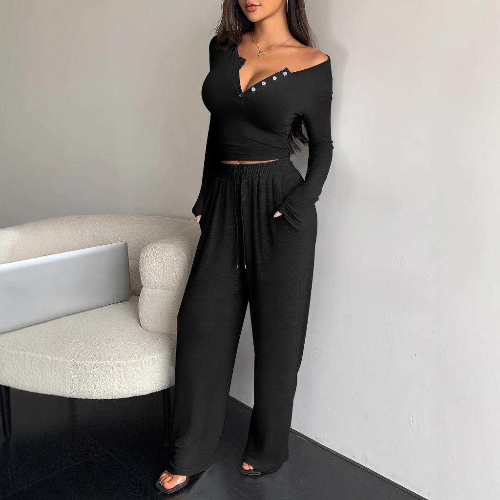 Women Two Piece Sets Sexy V-neck Long Sleeve Shirts Loose High Waist Wide Leg Pant Sets Lady Running Tracksuits