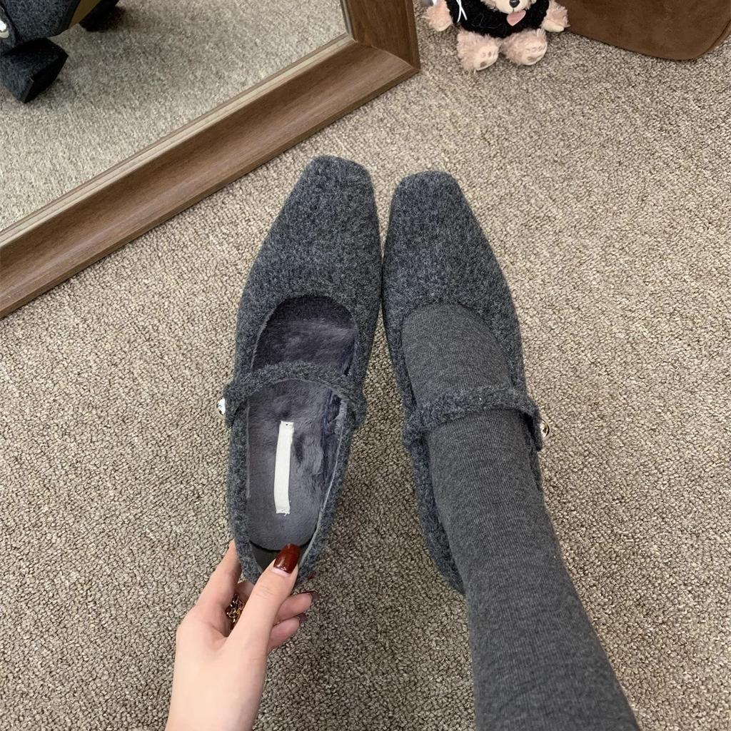 Туфли-лодочки серые с квадратной головкой и толстым каблуком женские зимние французские темпераментные бархатные вечерние туфли Мэри Джейн на высоком каблуке пушистые