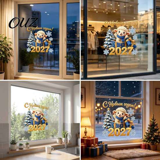 Waterproof PVC Wall Art Russian New Year Sheep Window Cling 2027, Removable Static Sticker with Easy to Clean Glass Appliques Tree and Snowflake