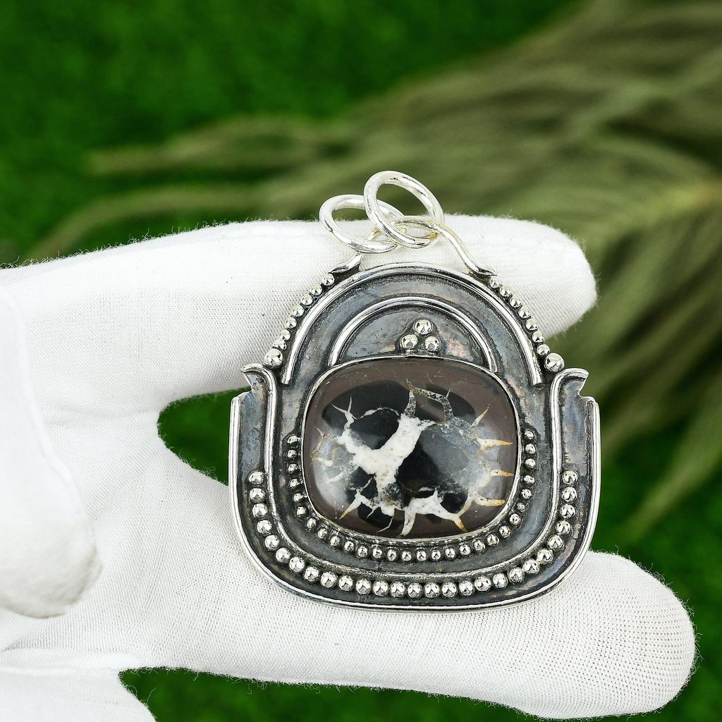 Sterling Silver Radiant Moroccan Mud Crack Fossil Stone Mother Pendant Jewelry