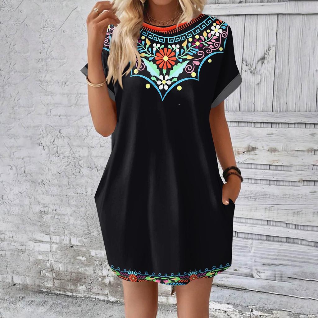 Женское модное летнее свободное платье-футболка средней длины с принтом и короткими рукавами