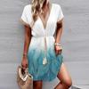 European and American Cross-Border E-commerce Spring Summer Printed Short Sleeves Ruffled V-Neck Fitted Dress
