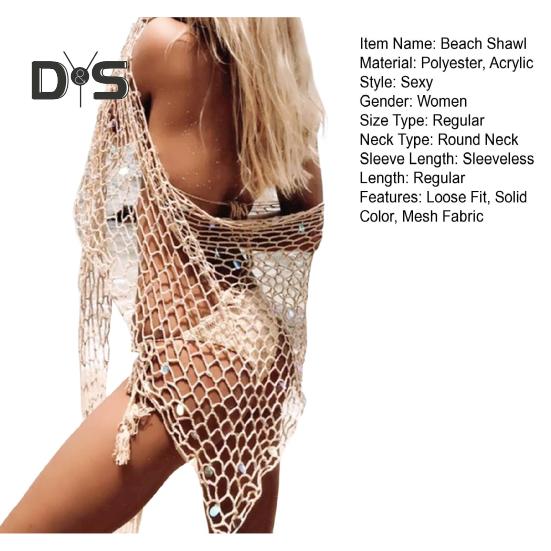 Summer Beach Shawl Sequin Shell Embellished Hollow Fishnet Bikini Shawl Pullover Cover Up Beachwear Beach Wrap