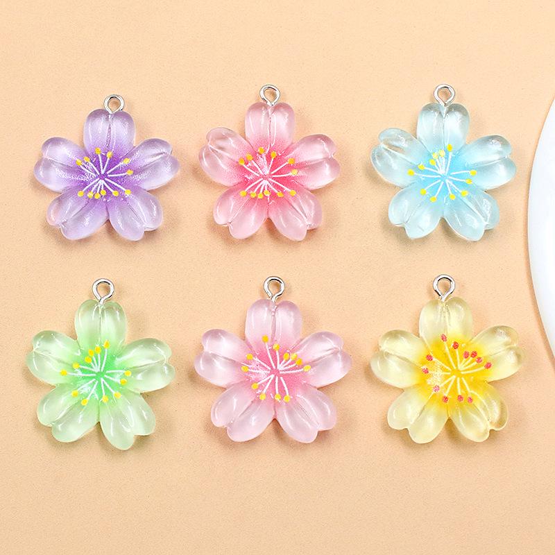 Transparent Cherry Blossom Plant Charms - 6 Colors, 25x29mm Five-Petal Resin Flower Pendants