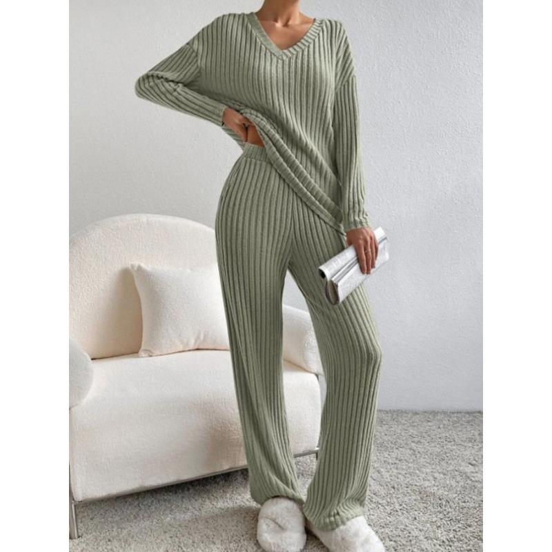 Осенняя Мода Повседневные Брюки Прямого Кроя с Свободным V-образным Вырезом и Трикотажные Женские Комплекты-двойки с Рубчиком