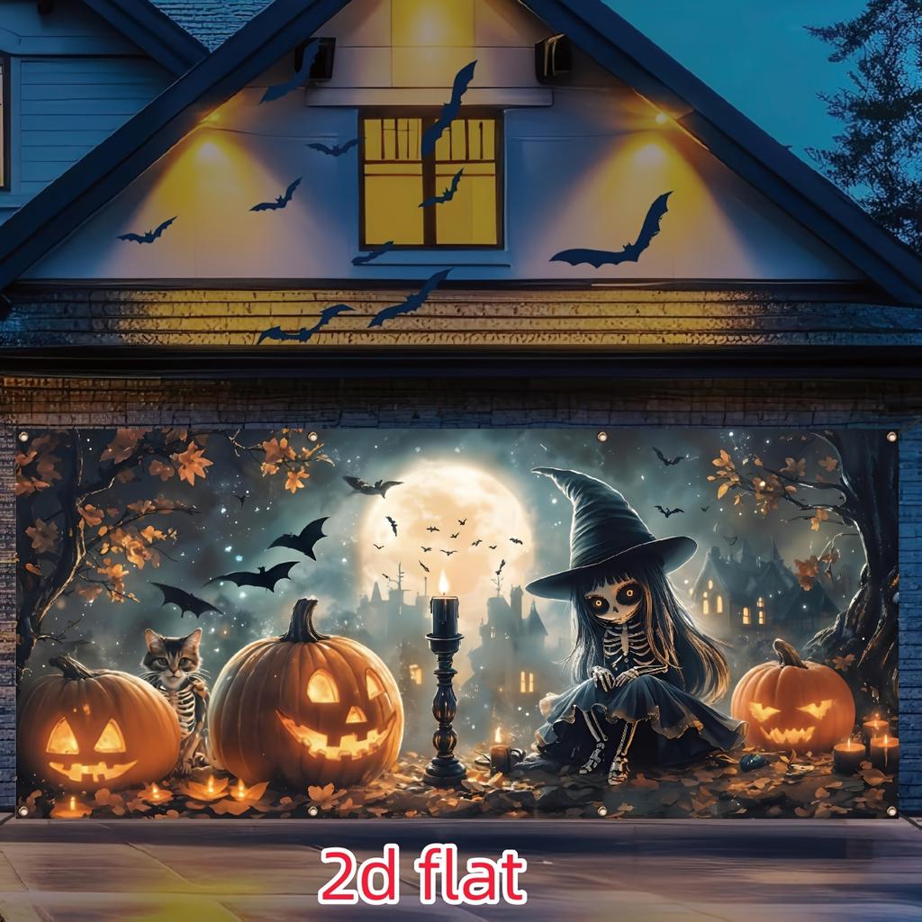 A 2D flat banner for Halloween garage decoration, featuring cool skulls, cute cats and pumpkins.zyc