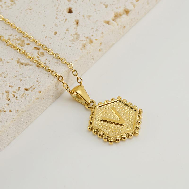 New Fashion Titanium Steel Hexagonal Letter Pendant Stainless Steel 26 English Letter Necklace Female