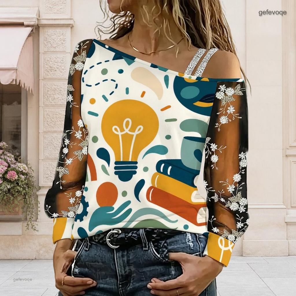 Women Plus Size Asymmetric Cold Shoulder Long Sleeve T Shirt Abstract Printed Sheer Floral Embroidered Sleeve