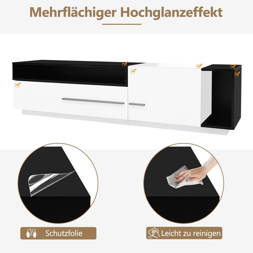 High Gloss, TV Board Lowboard Drawer, Door Open Compartment, Elegant TV Stand Television Up To 70 Inches, Dining Room, 170cm, White & Black