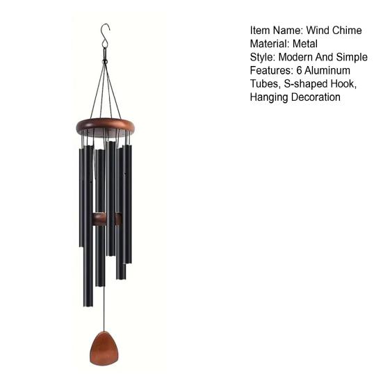 Retro Wind Chime with 6 Aluminum Tubes S-shaped Hook Natural Soothing Melody