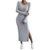 Fall Women Dress Split Hem Slim Fit Skinny Long Sleeve Round Neck Striped Solid Color Knitted Tight Waist Mid-calf Length Lady Midi Dress