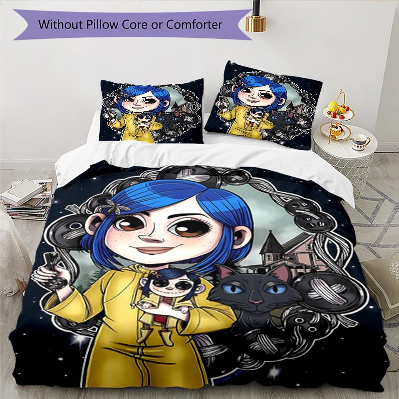 3pcs Coraline Design Cover Set - HD Printed Bedding with 1 Cover and 2 Pillowcases - Perfect for Home and Dorm Decor