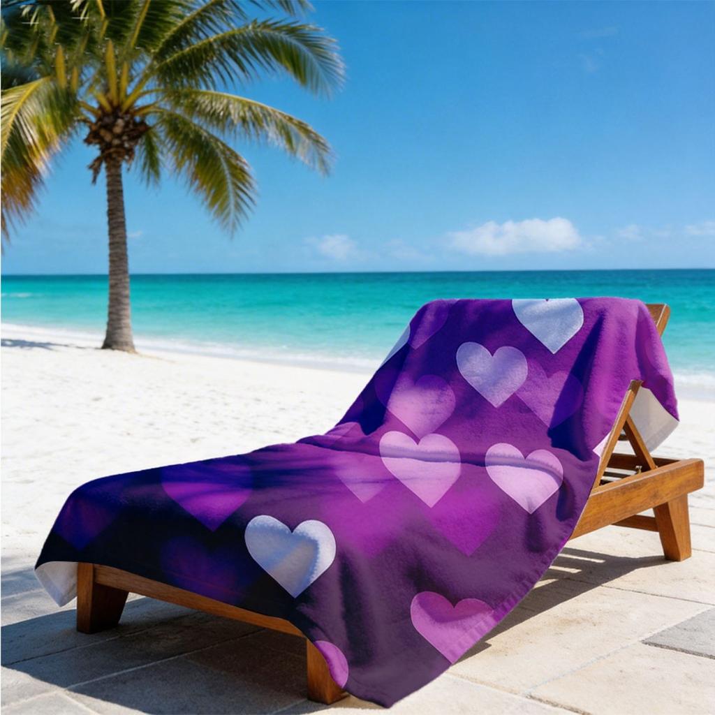 Romantic Purple Heart Microfiber Beach Towel 2D Flat Printed Waterproof Sandproof Travel Bath Towel For Seaside Holiday Sunbath
