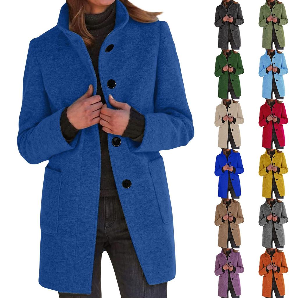 Women's Casual Coat Solid Color Long Sleeved Button Up Collar Pocket Woolen Jacket