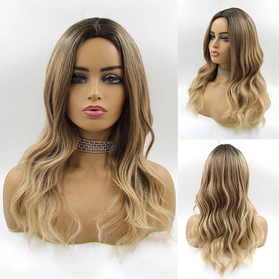 Длинные коричневые синтетические парики с эффектом омбре для женщин, волнистые парики из натуральных волос, средняя часть, женский парик, косплей, термостойкие волокна, парики