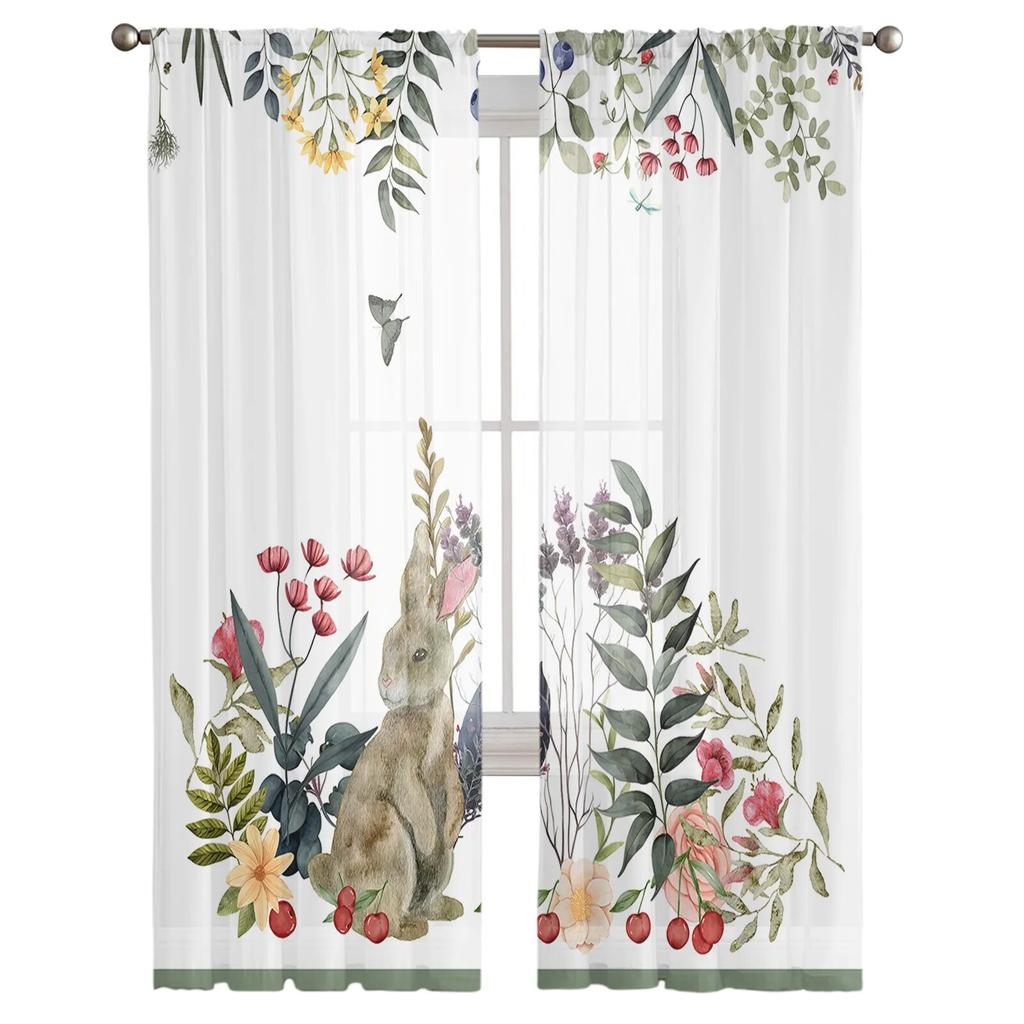 Watercolor Animal Rabbits Flower Plant Sheer Curtains For Living Room Kitchen Window Curtains Bedroom Tulle Voile Curtains