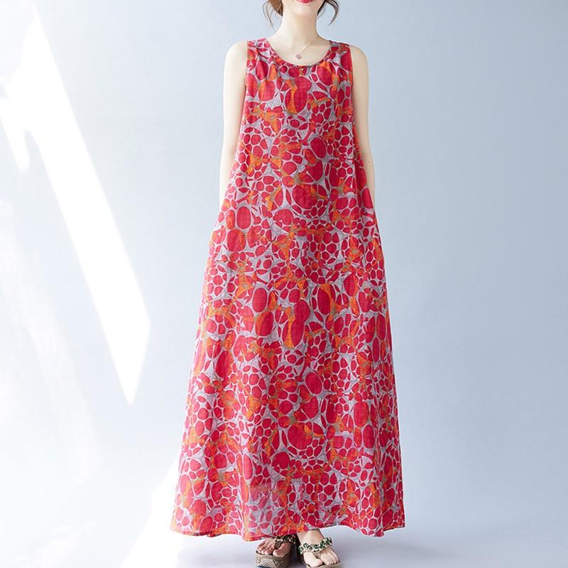 Sleeveless Plus Size Cotton Vintage Floral New In Dresses for Women Casual Loose Long Summer Dress