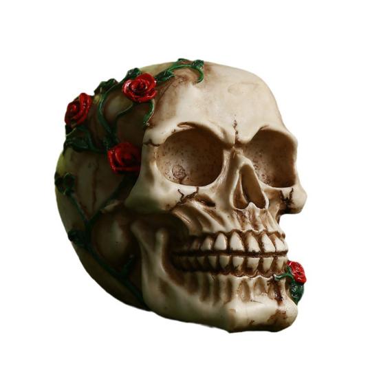 Череп человека с розой Маленький цветок розы Лоза Статуэтка скелета Коллекционная фигурка для готического домашнего настольного декора