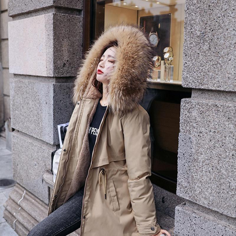 Women Fall Winter Jacket Coat Parka Thicken Cotton Liner Medium Long Hooded Fur Collar Adjustable Waist Solid Color M-6XL