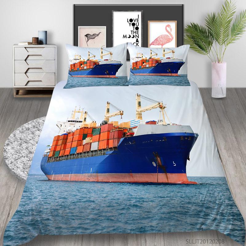 3D Ship Duvet Cover Set King Queen Size Large Freighter Container Print Bedding Set Blue Sea 2/3pcs Polyester Comforter Cover