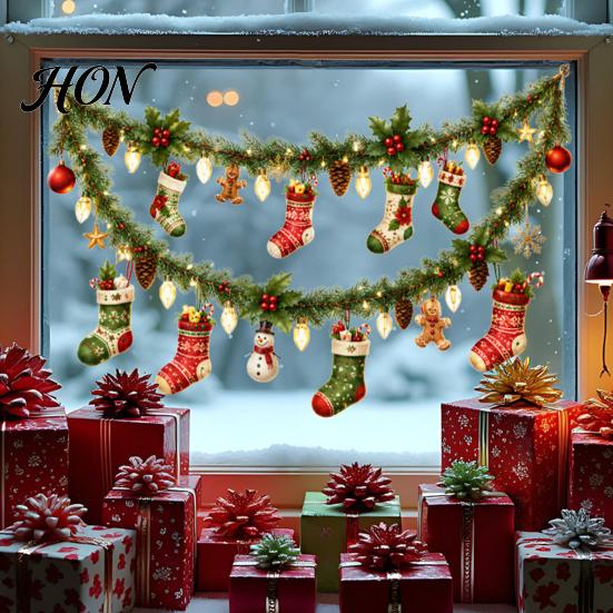 Christmas Party Supplies Window Static Sticker, Rattan And Socks Pattern Removable PVC Non Adhesive Film Decal, Reusable Electrostatic Glass Cling for