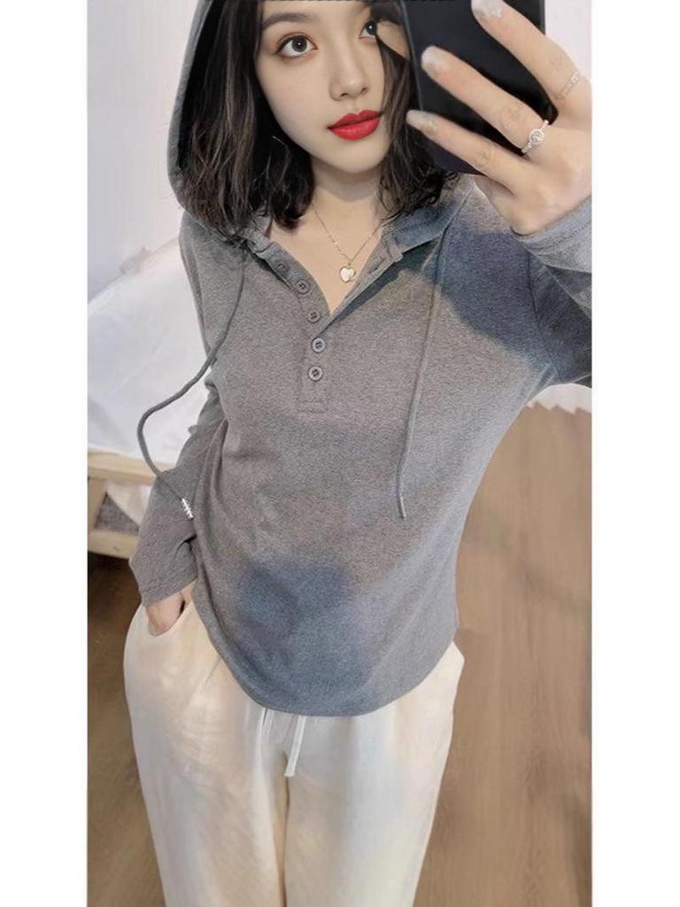 Футболка с капюшоном и длинными рукавами из 100% хлопка 40-х годов: 92% Хлопок, 8% Спандекс, Воротник поло, Повседневный Свободный Облегающий Дизайн.