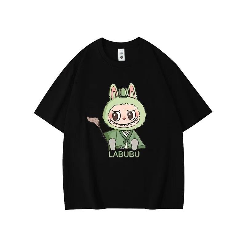 Летний топ с круглым вырезом и принтом с узором Лабубу, модная повседневная женская футболка с коротким рукавом из чистого хлопка