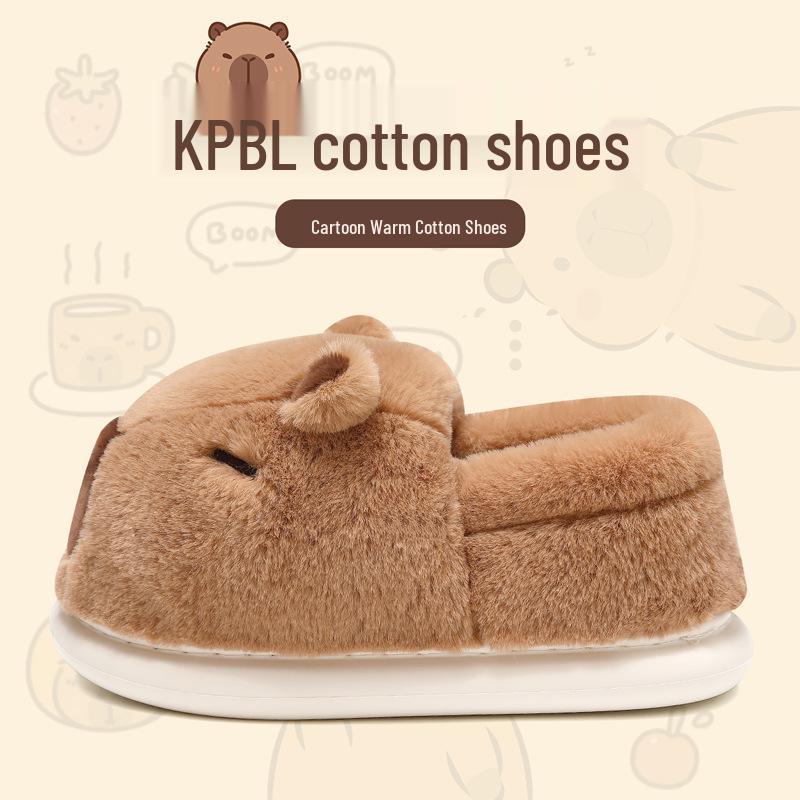 Capybara Women's Winter Cotton Slippers - Cute Cartoon Fluffy Heel, Parent-Child Warm Shoes for Kids & Men.