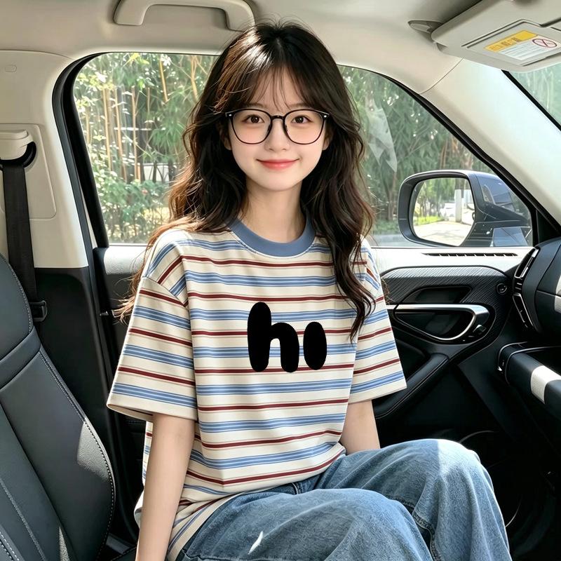 Полосатая футболка с коротким рукавом в корейском стиле для девочек, возраст 6-12 лет, повседневный летний свободный топ