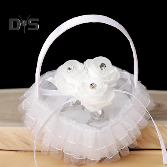 Rhinestone Decor Wedding Ring Pillow Rose Beautiful Wedding Elegant Lace Jewelry Case