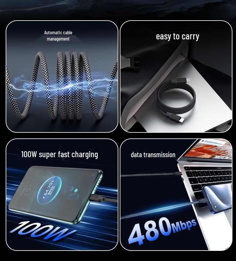 Магнитный кабель USB-C 100 Вт, совместимый с Apple, алюминиевый сплав с 48 жилами для автомобилей