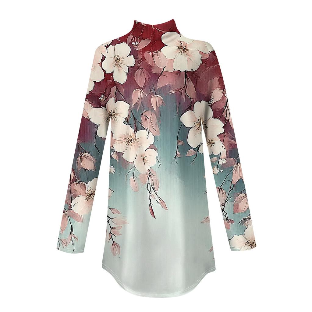 Women's Fashionable Casual High Neck Printed Long Sleeve T-Shirt Pullover Top