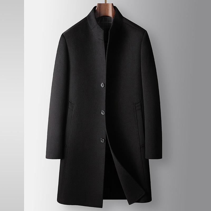 Мужское шерстяное пальто осенне-зимнее длинное с воротником-стойкой, с отстегивающимся белым гусиным пухом, для среднего и молодого возраста, двухсторонний твидовый тренчкот