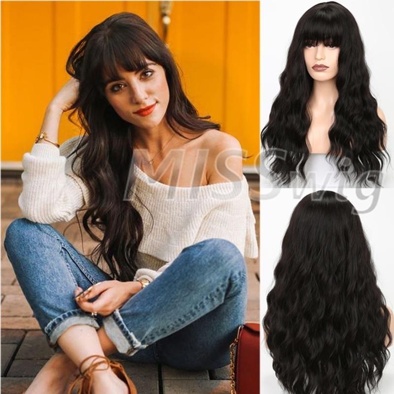 LISI HAIR Ladies Fashion Long Wavy Hair Wig with Bangs Black Brown Blonde Synthetic Fiber Wig with Bangs Party Daily Wear
