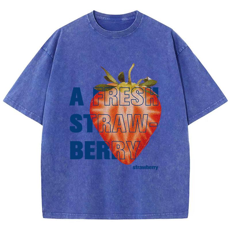 Casual Womans Acid Wash T-Shirts A Fresh Strawberey Printing Tops Distressed Oversize Cotton Tee Shirts Trend Clothes