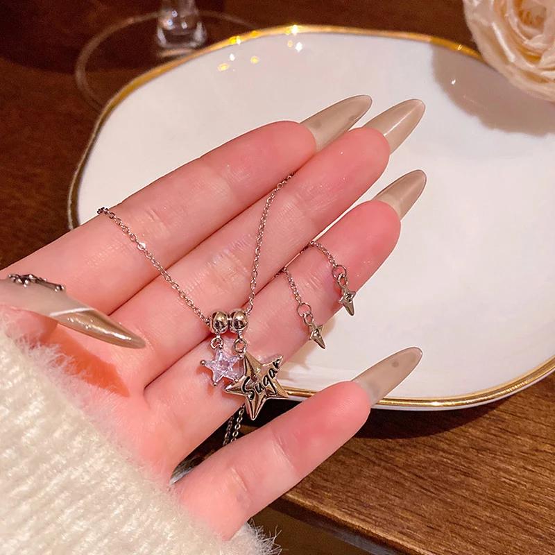 Stainless Steel Zircon Star Pendant Necklace for Women Exquisite Sweet Slider Necklace Vintage Casual Versatile Jewelry Gift New